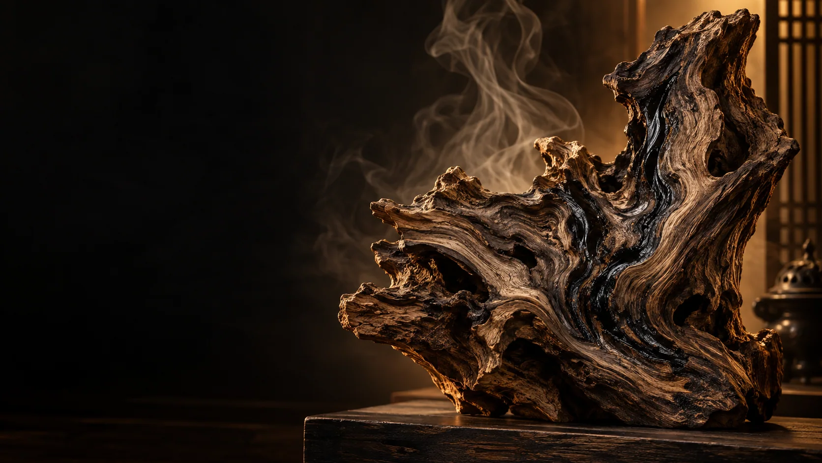 Agarwood sculpture with natural wood grain in warm amber light
